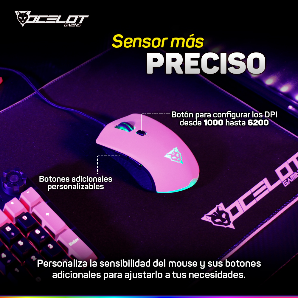 Mouse Gamer optico OCELOT RGB 3200DPI Alambrico 6 botones Rosa / Negro –  GRUPO DECME